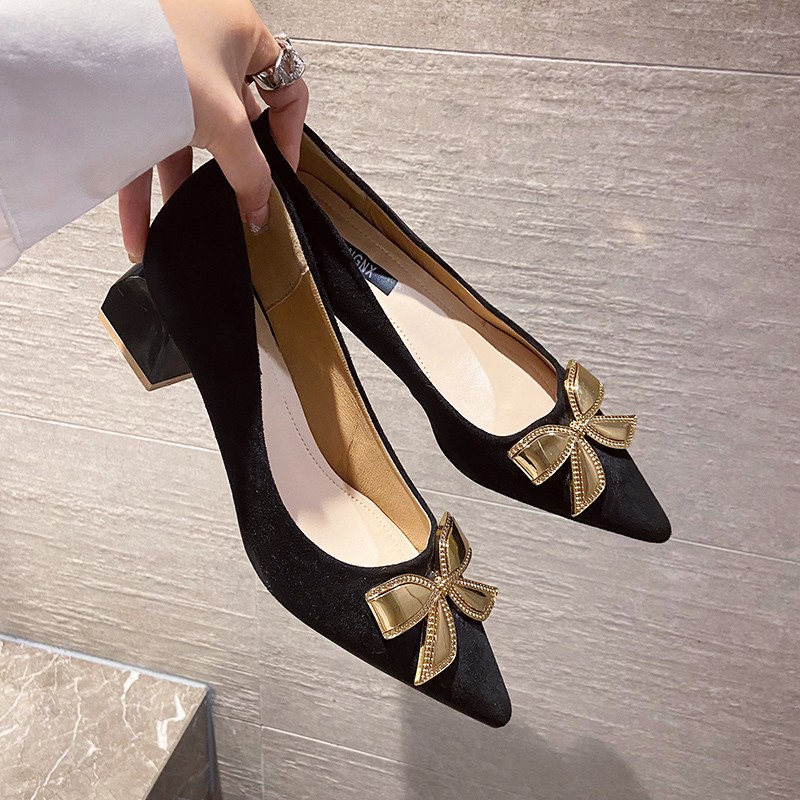 Rimocy Fashion Gold Bowknot Women Pumps Pointed Toe Thick Heels Office Shoes Woman 2022 Spring Comfortable Shallow Ladies Pumps