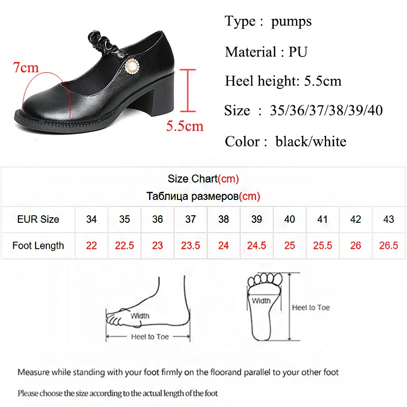 Lucifer Black Elastic Ankle Strap Pumps Women Pearl Thick High Heel Mary Janes Woman Soft Slip-on PU Leather Women's Shoes