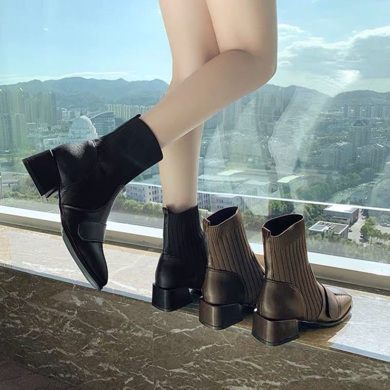 Chunky heels women's shoes 2021 autumn short boot women's med heel socks ultralight shoes British fashion short comfortable boot