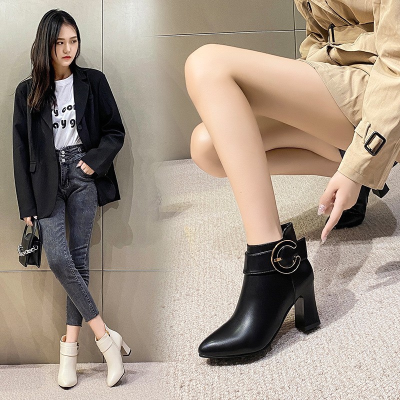 Women High Heels Short Boots Female Spring Autumn Ankle Boots Side Zippers Woman Soft Leather Shoes Waterproof Pumps Thick Heel