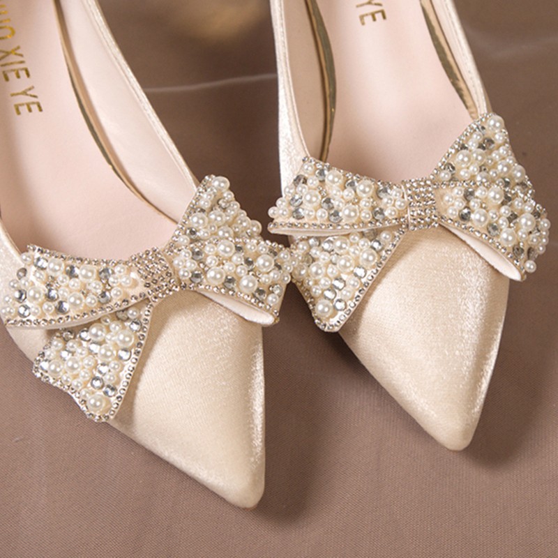 Rimocy Luxury High Heels Pearl Bowknot Women Pumps Pointed Toe Rhinestone Wedding Shoes Woman Champagne Silk Dress Party Pumps