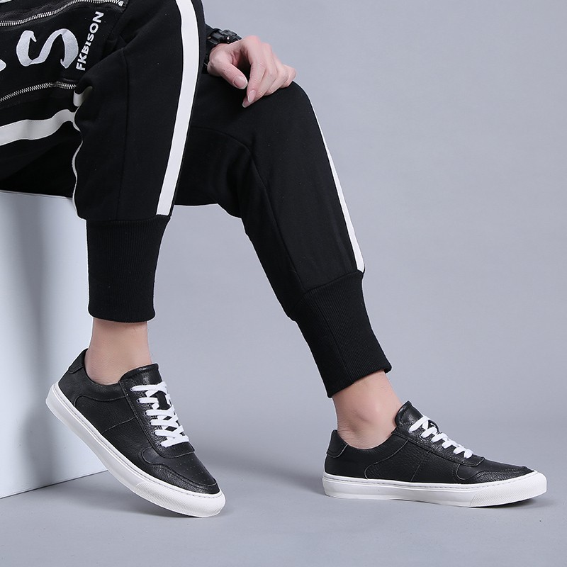 Genuine Leather Men's Sneakers Casual Canvas Shoes Breathable Ventilation Footwear Fashion Male Sneaker Black and White