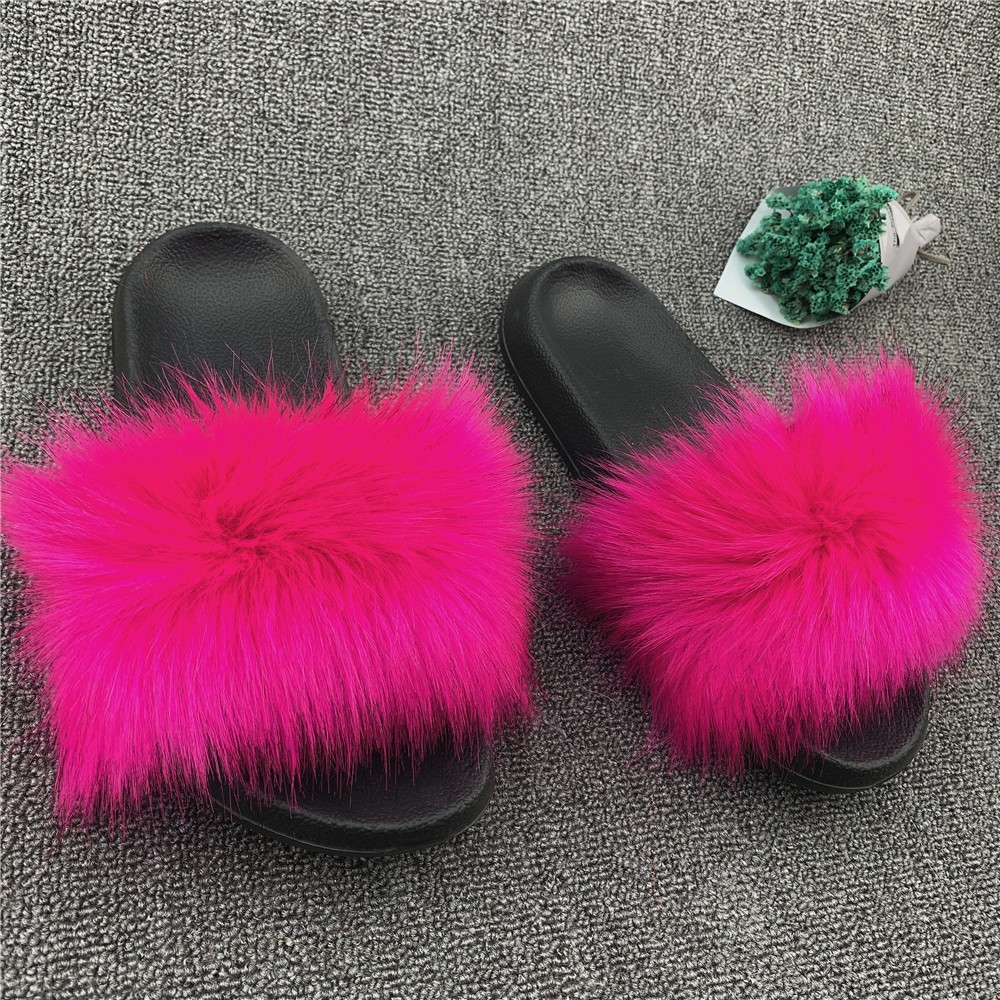 Fashion designer luxury ladies furry fur slippers colorful sandals rainbow shoes for women