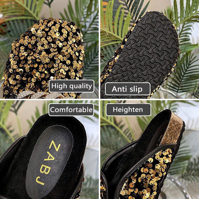 Fashion shoes women sequins metal chain slippers outdoor platform golden sandals 2022 new casual slip on lazy 43 size women shoes