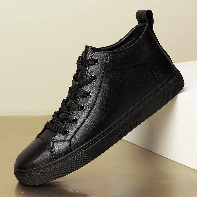 High-top sneakers for men, casual shoes, genuine leather, lace-up, non-slip, soft and breathable