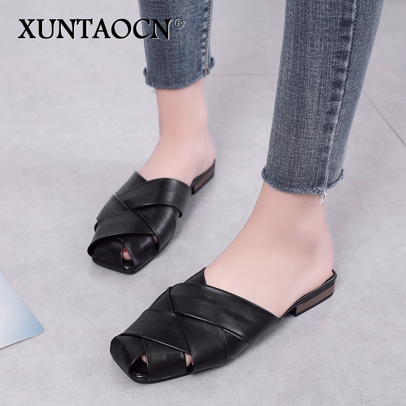 Flat Slides Mules Shoes Woman Summer Ladies Elegant Shoes Half Slippers Women's Shoes Lazy Zapatos Mujer