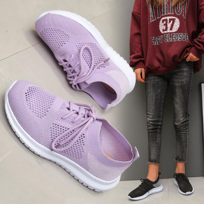 2022 spring sneakers women knitting soft vulcanized flat shoes platform lace-up mesh comfortable ladies casual shoes