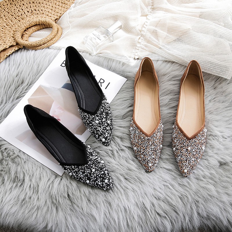 women flat shoes ballet shoes pearl diamond sequins breathable knit pointed loafers spring summer ladies soft loafers