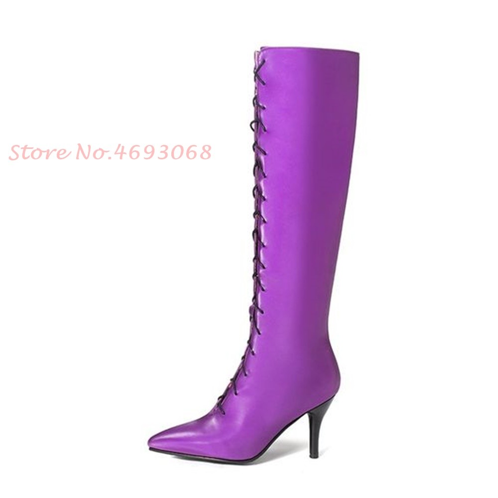 Purple Pointy Heels Knee High Boots Women Med Heels Spring Plus Size Satin Long Lace-up Boots Sexy Thin Heel Cross-tied 2022 Boots