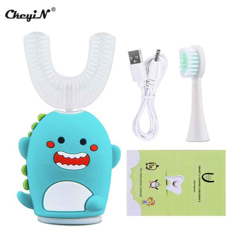 CkeyiN 2 in 1 Sonic Vibration U Shape Kids Electric Toothbrush 5 Adjustable Modes Cartoon Teeth Whitening Cleaning Brush