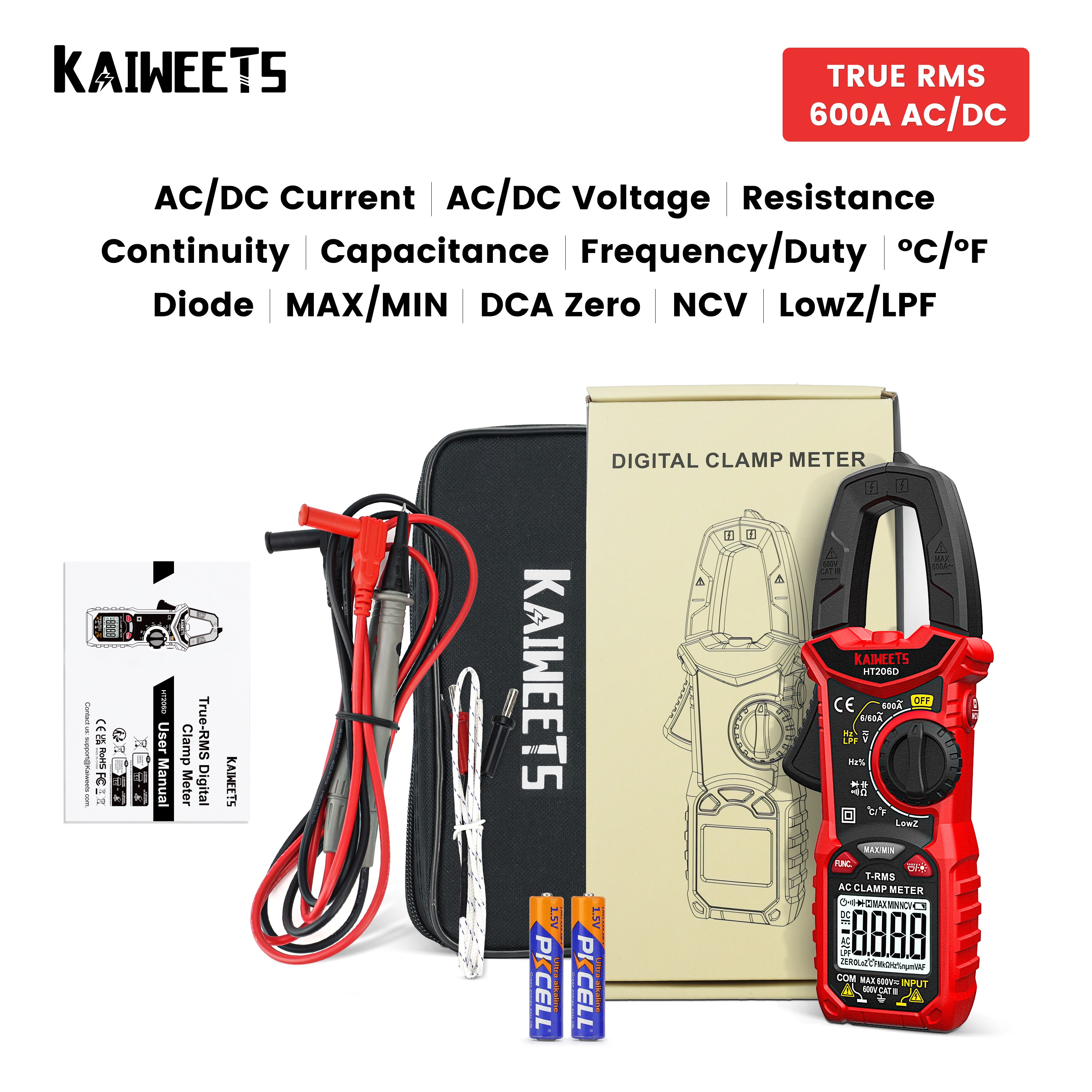 KAIWEETS AC DC Digital Clamp Meter Multimeter Penza Ampremetrica True RMS High Precision Capacitance NCV Ohm Hz Tester