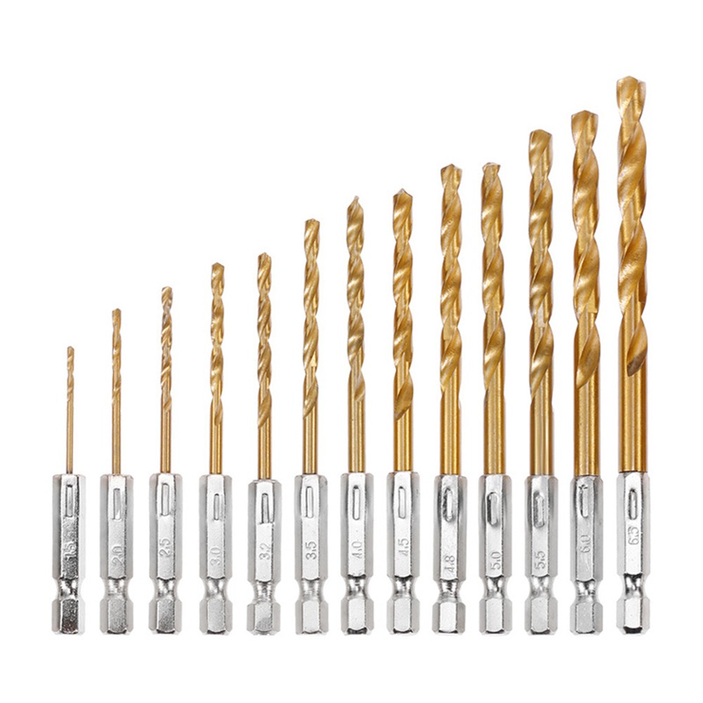 13pcs HSS High Speed ​​Steel Titanium Coated Drill Bit Set 1/4 Hex Shank 1.5mm-6.5mm Hexagonal Handle Twist Drill