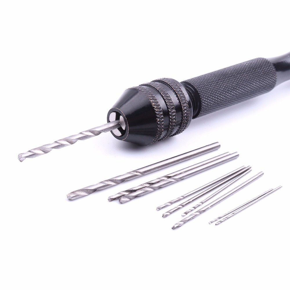 1pc Black Handle Drill Bit with 10pcs Twist Drill Bits Aluminum Alloy Carving Tools Hand Woodworking Watch Repair Tool