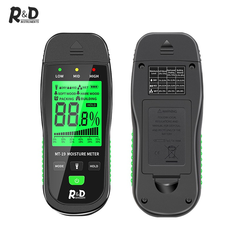 R&D Wood Moisture Meter MT-19 Digital Hygrometer Humidity Detector With Probe Replacement HD Screen Timber Wall Cartoon Tester