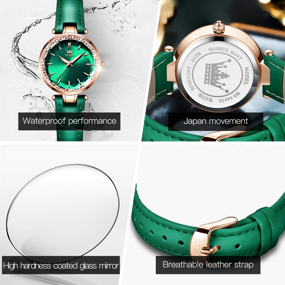 OLEVS Quartz High Quality Women's Wristwatch Waterproof Corium Strap Watches Fashion For Women Green Diamond Watch