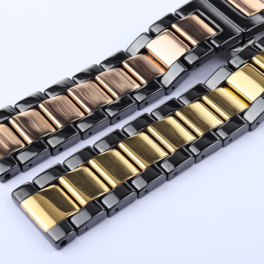 Universal Ceramic Watch Band, Luxury, Black, Rose Gold, for Men and Women, Never Fade, 18, 20, 22mm