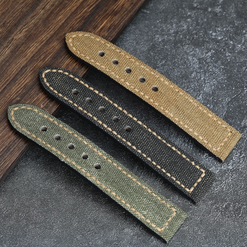 Handmade Canvas + Leather Watchband 20 22 24 26mm Compatible Bronze Strap Personalized Bronze Buckle