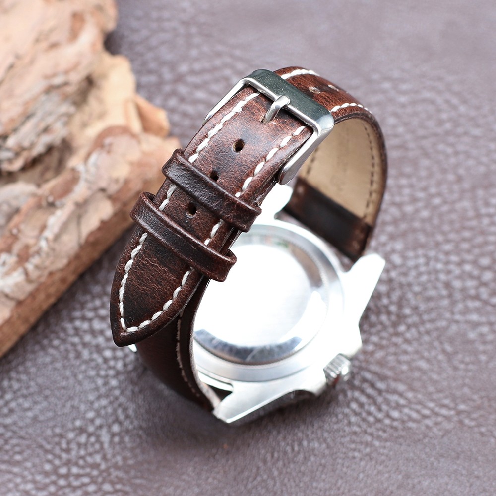 Retro Cowhide Watch Strap 20mm 22mm Red Brown Dark Coffee Half Arc Deformed Oil Wax Genuine Leather Strap Watchband Replacement Strap