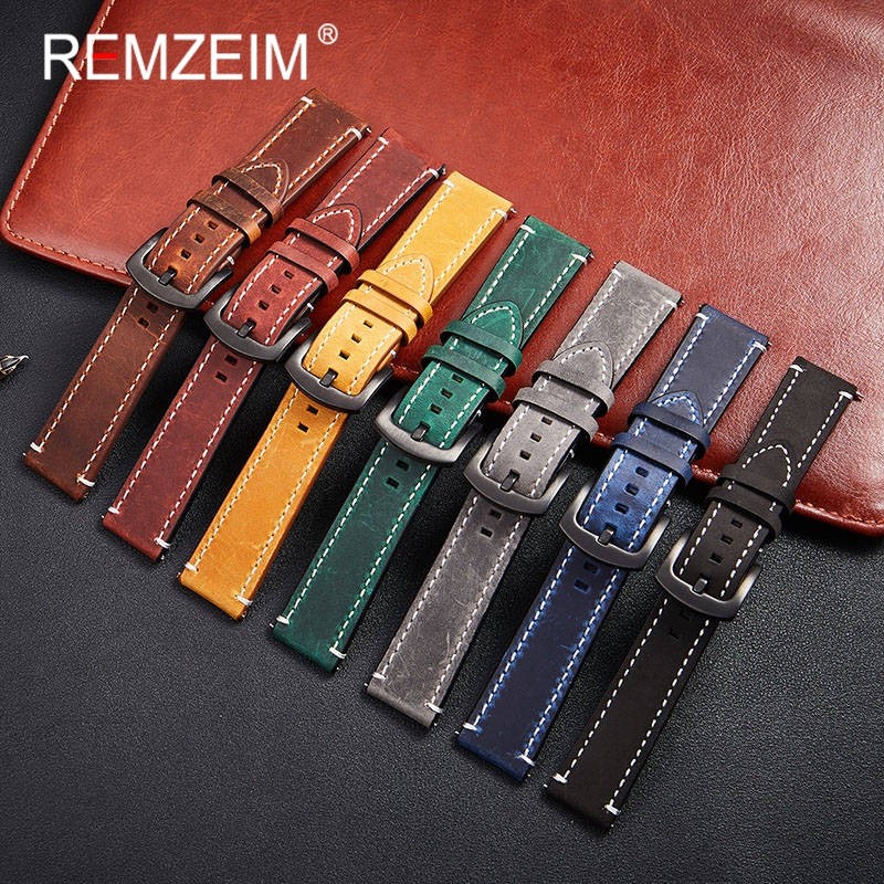 Remz Plaid - Genuine Leather Watch Band for Men and Women, Black, Blue, Gray, Brown, Cowhide, 18mm, 20mm, 22mm, 24mm