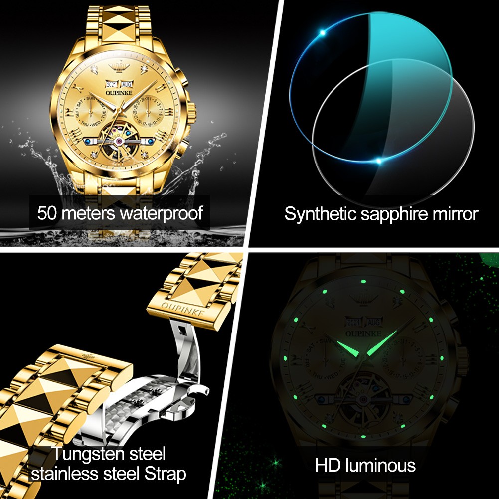 OUPINK Men's Watch 40mm Gold Men Mechanical Watches 50M Waterproof Top Brand Sapphire Glass Stainless Steel Business 142857