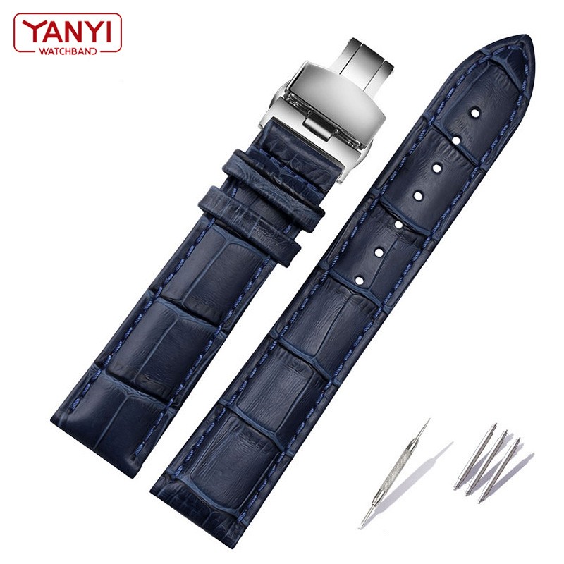 Genuine Leather Bracelet Dark Blue Watch Strap Butterfly Clasp Watchband Size In 16mm 18mm 20mm 21 22mm 23mm Watch Band