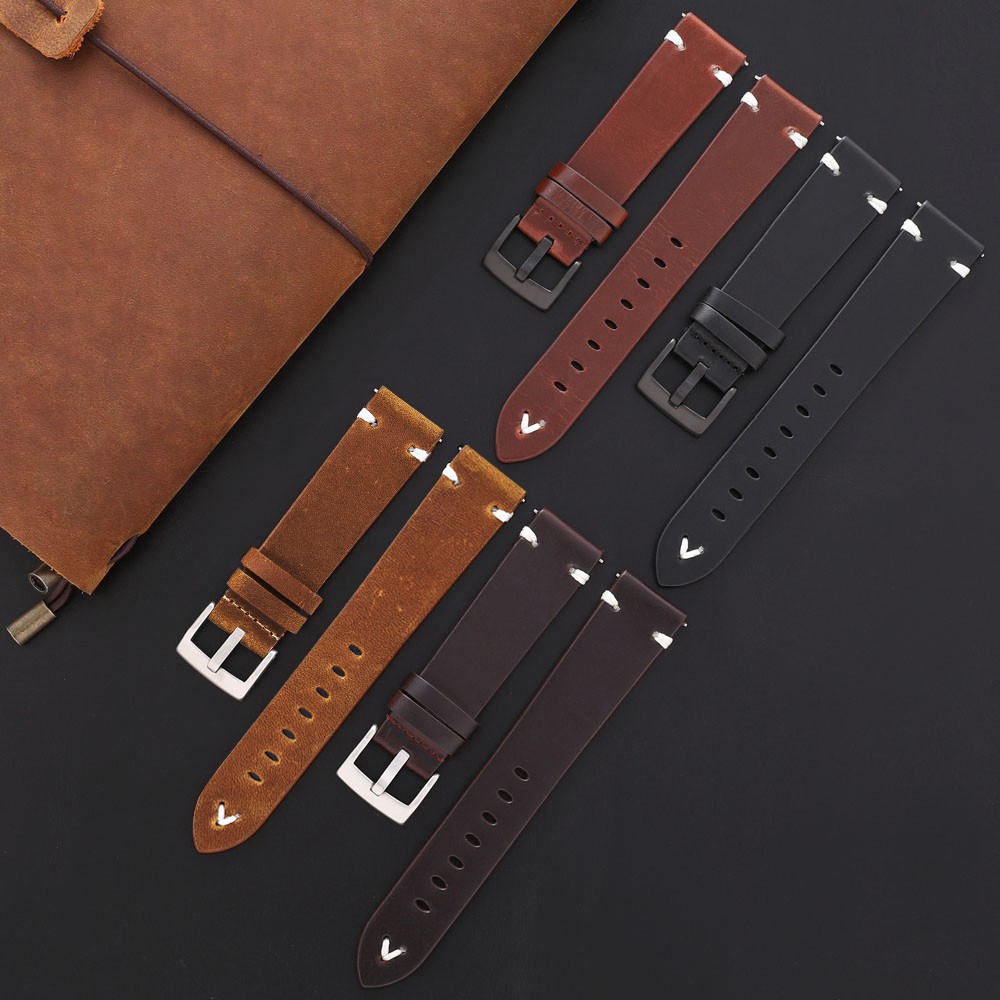 Leather Watchband Black Dark Brown Oil Wax Leather Italian Watch Strap 18mm 20mm 22mm Quick Release Handmade Cowhide Watch Strap