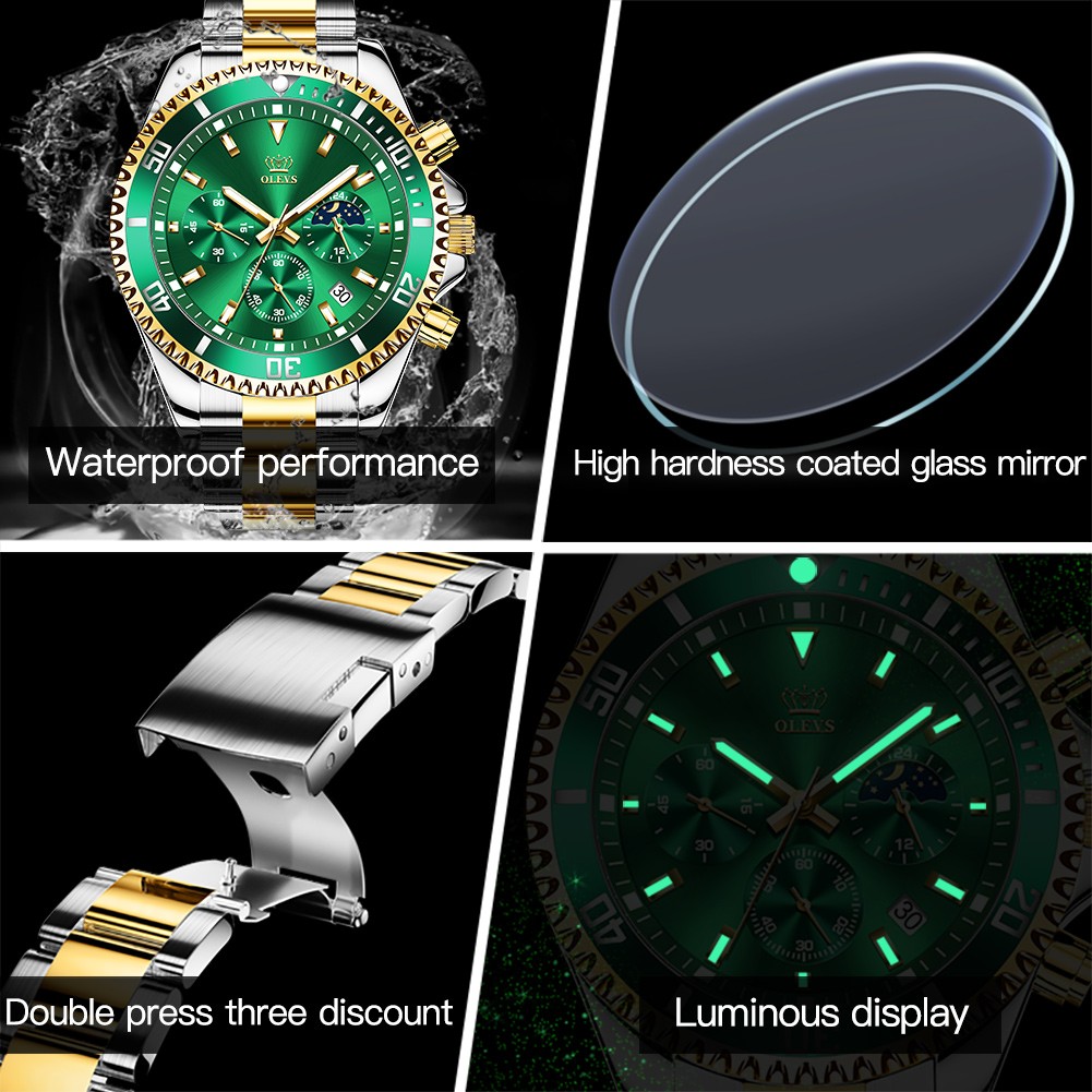 OLEVS Men's Watch Quartz Waterproof Stainless Steel Watch Green Sports Wrist Watch for Men Reloj hombres