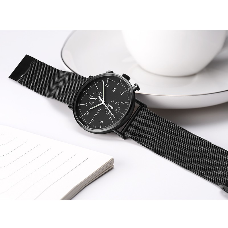 VAVC New Fashion Top Business Analog Quartz Wrist Watch for Men 24 Hours Display Leather Band Dial and Date Function Watches Men