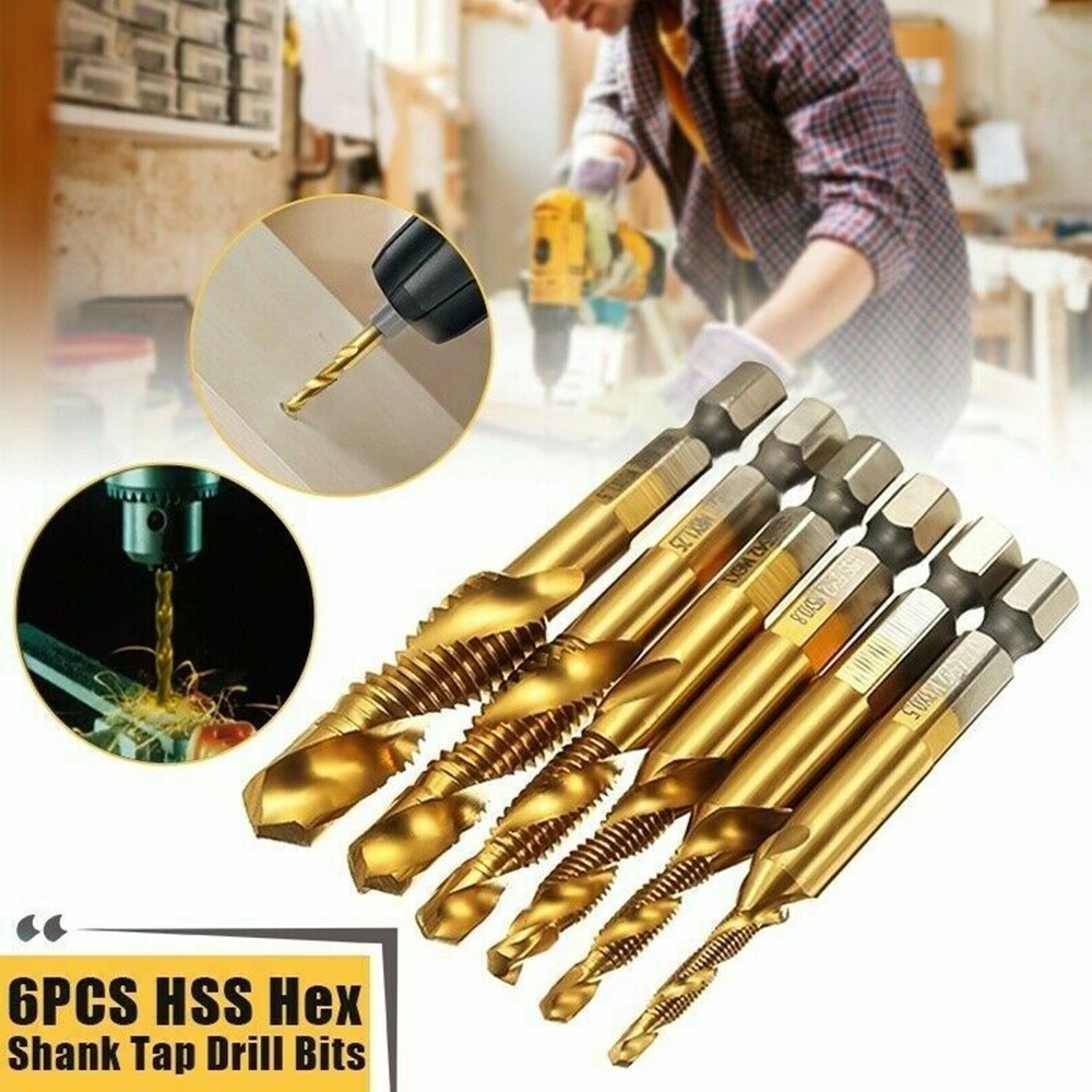 6/7pcs Hex Shank HSS Screw Thread Screw Tap Drill Bit Metric Tap Drill Bits Screw Machine Compound M3 M4 M5 M6 M8 M10 Hand Tool