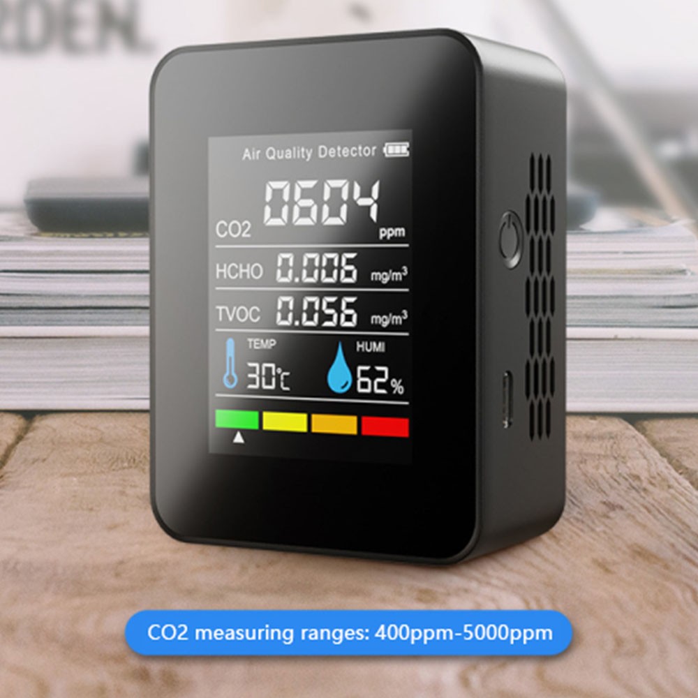 CO2 متر كاشف جودة الهواء CO2 اختبار مع ثاني أكسيد الكربون TVOC HCHO قيمة الكهرباء كمية درجة الحرارة الرطوبة الكاشف