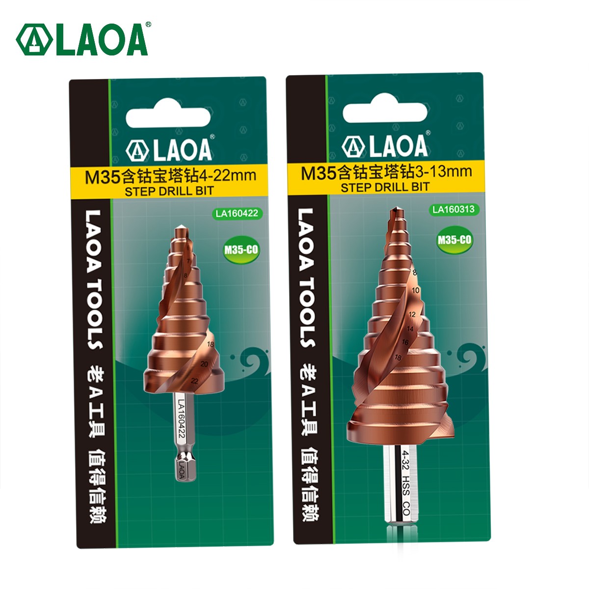 LAOA Pagoda Step Drill Bit 3-13mm 4-22mm 4-32mm HSS-CO M35 Hex Triangle Spiral Grooved Wood Metal Hole Cutter Drilling Tools Set