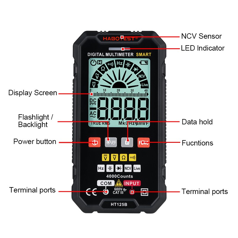 HT125B Smart Multimeter Digital Professional Capacitor Auto Test Range 600V AC DC Voltage Ohm Hz Diode Live Continuity Meter