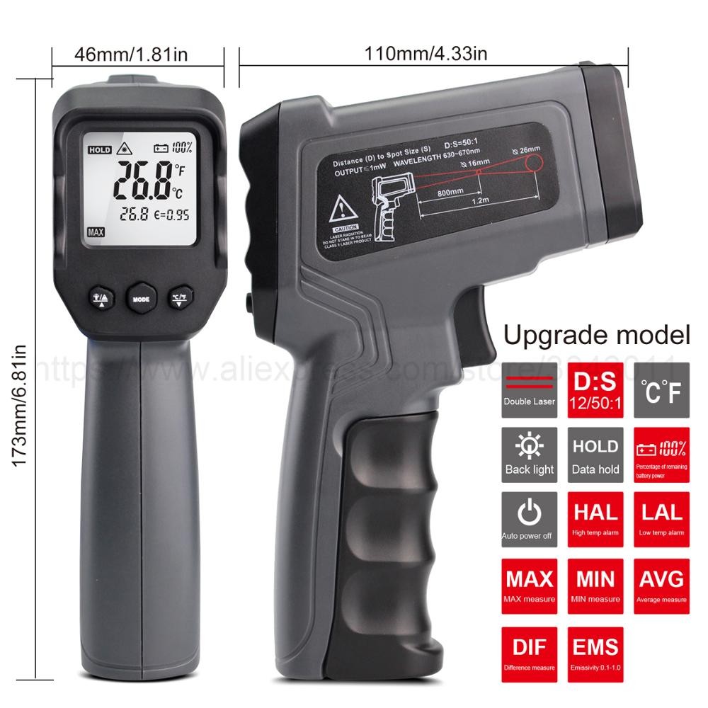 -50~1600C Single/Double Laser Thermometer Industrial Digital Infrared Thermometer Non Contact Thermometer Gun Thermometer