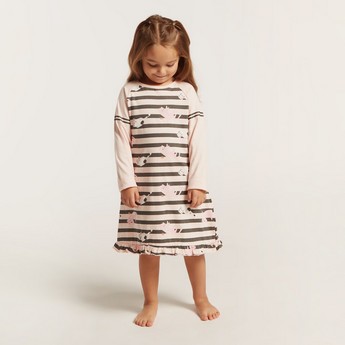 Juniors Printed Night Dress with Long Sleeves - Set of 2