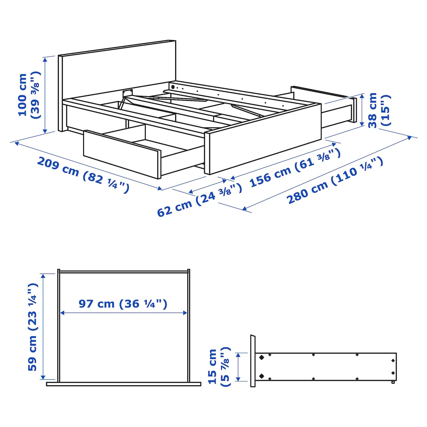 MALM Bed frame, high, w 4 storage boxes