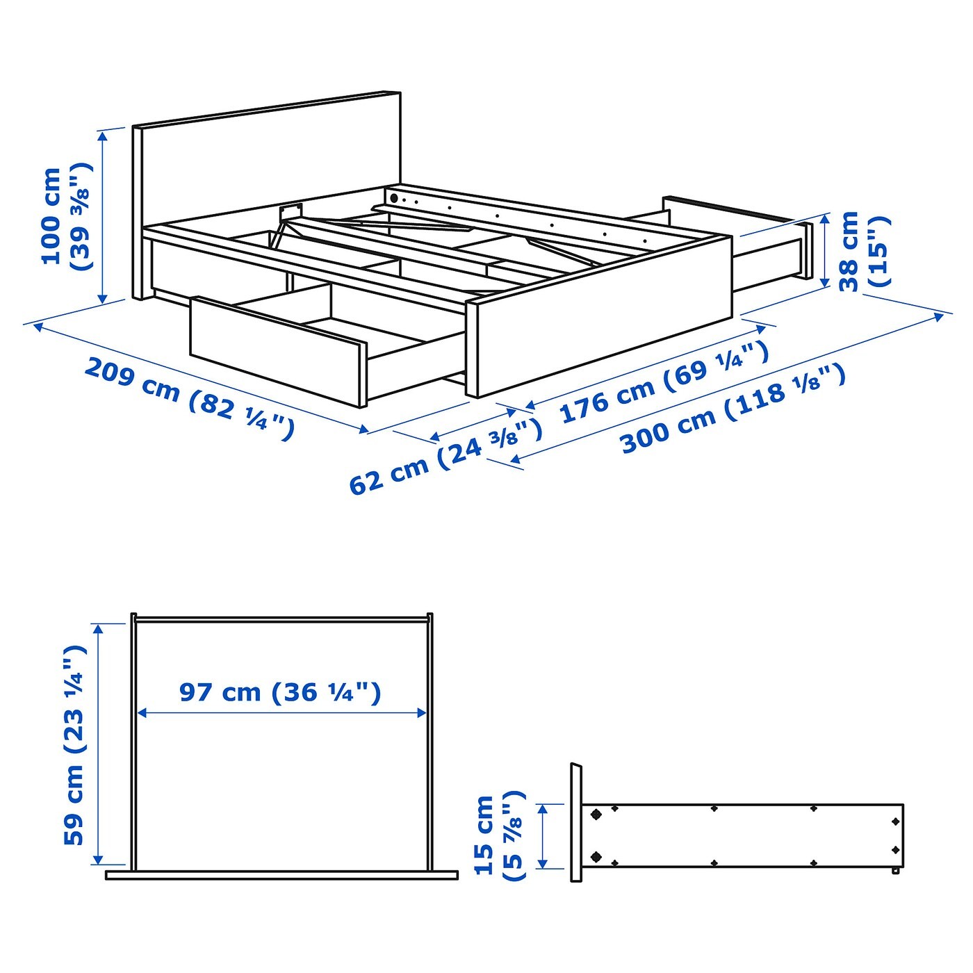 MALM Bed frame, high, w 4 storage boxes