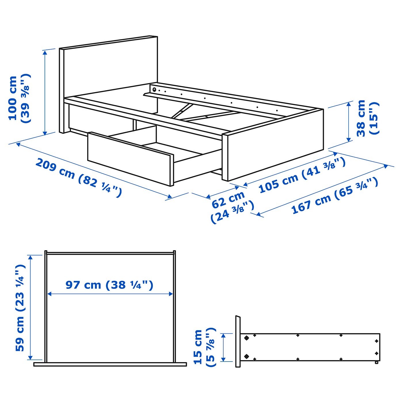 MALM Bed frame, high, w 2 storage boxes