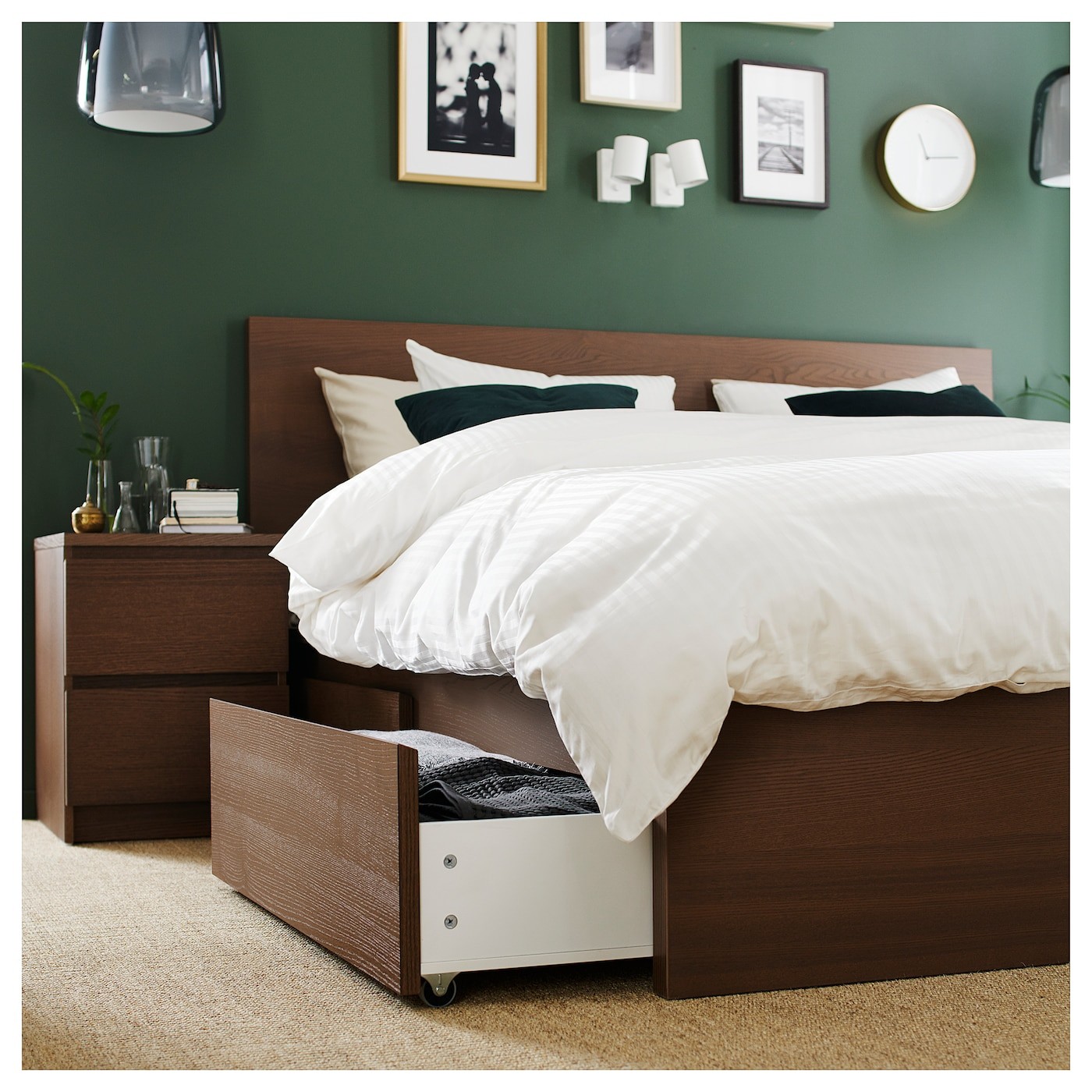 MALM Bed frame, high, w 4 storage boxes