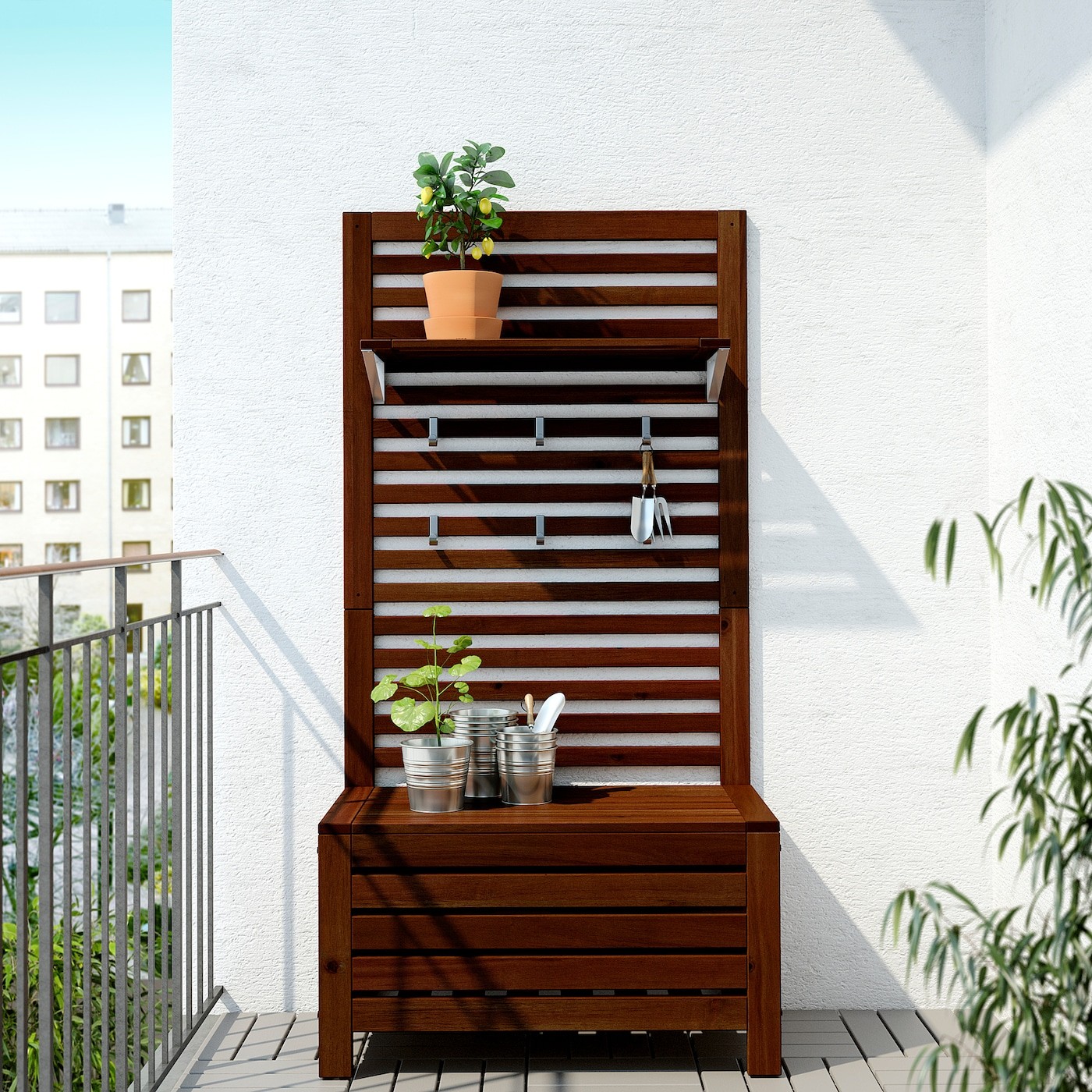 ÄPPLARÖ Bench w wall panel+ shelf, outdoor