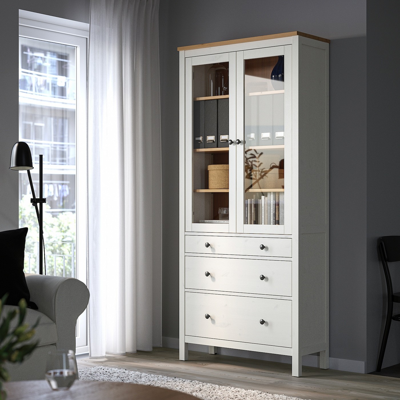 HEMNES Glass-door cabinet with 3 drawers