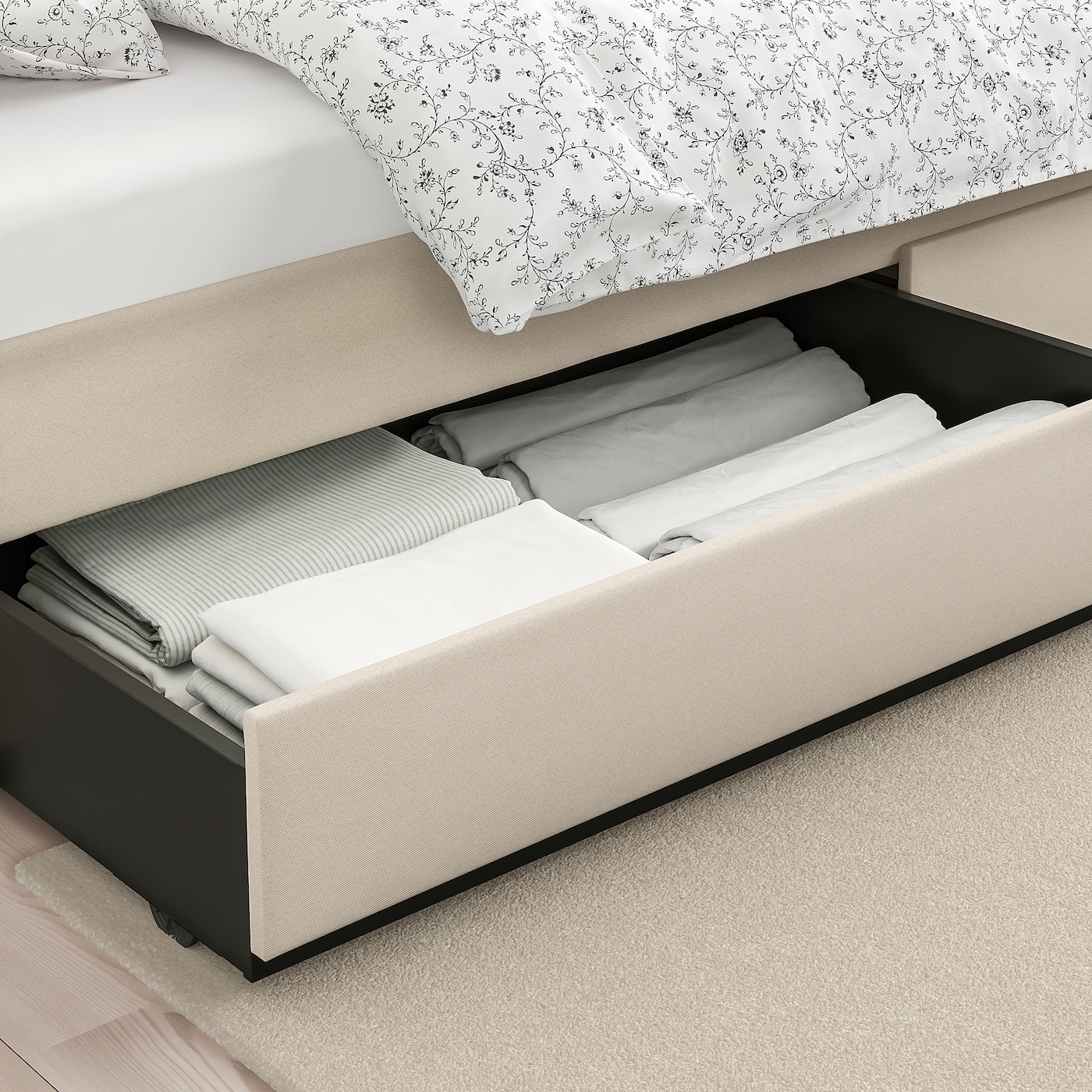 HAUGA Upholstered bed, 2 storage boxes