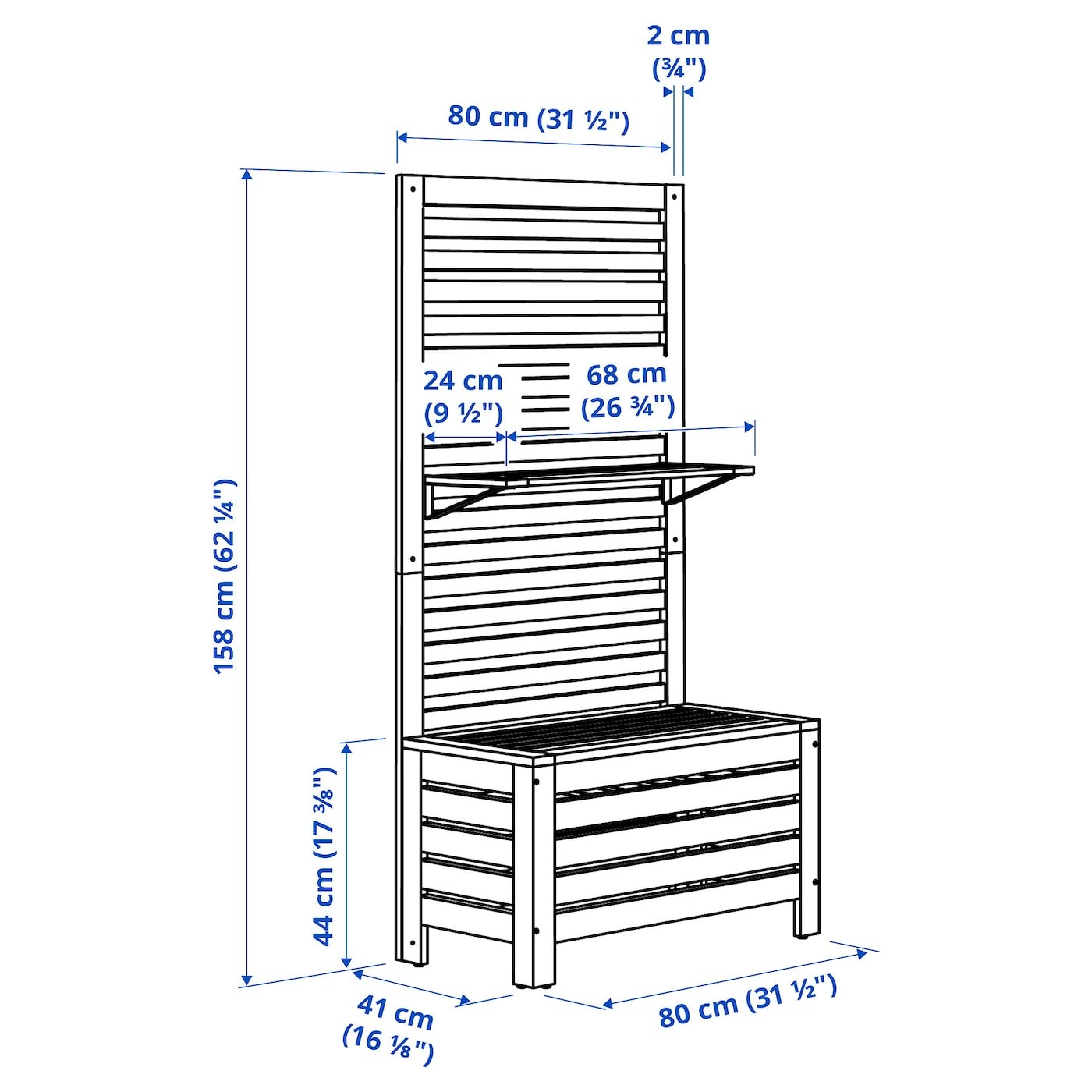 ÄPPLARÖ Bench w panel+ shelves, outdoor