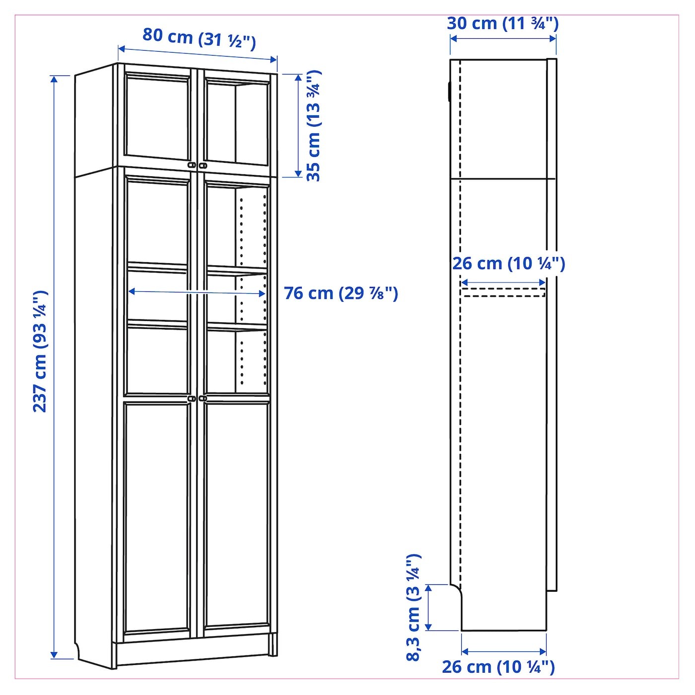 BILLY Bookcase w hght ext ut/pnl/glss drs