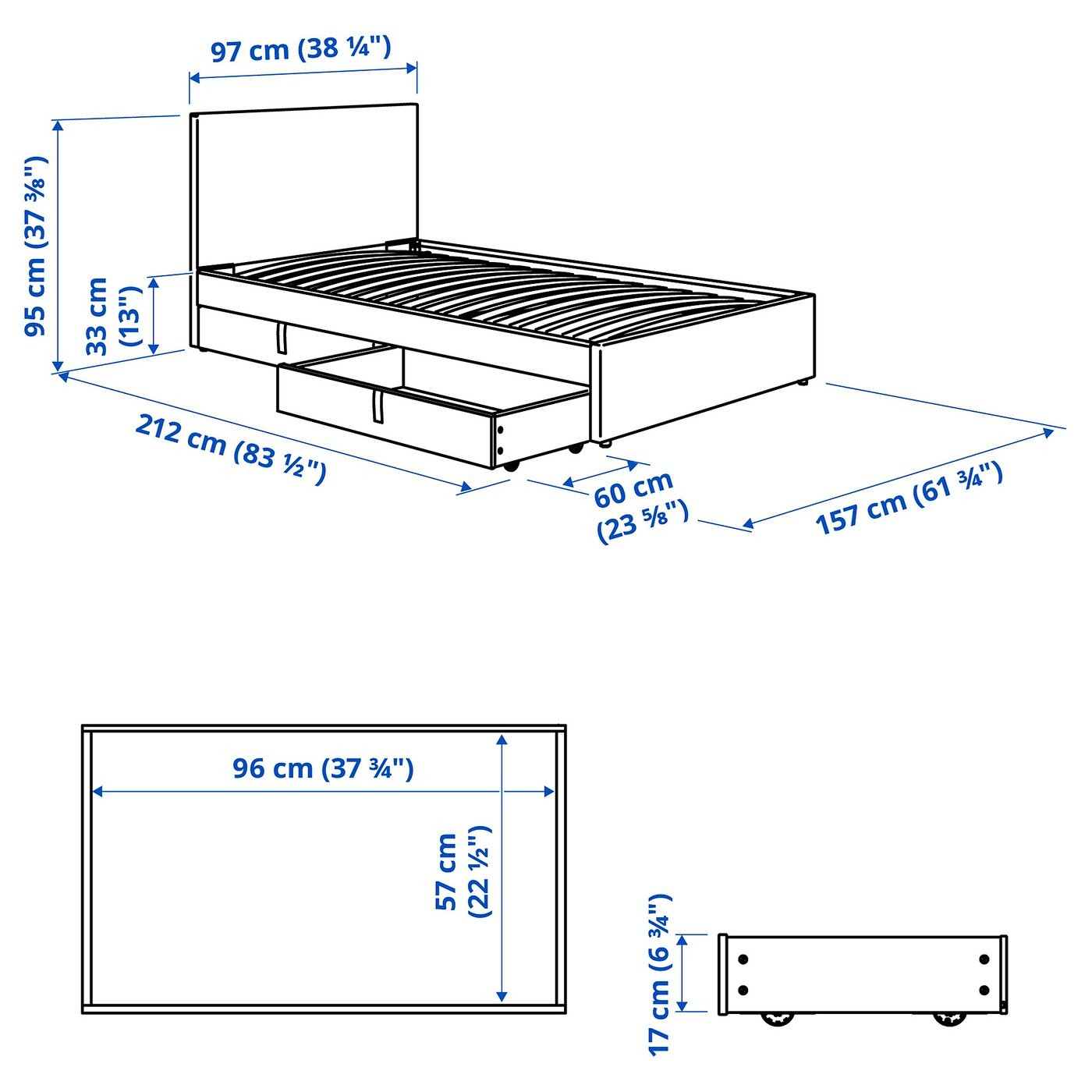 GLADSTAD Upholstered bed, 2 storage boxes