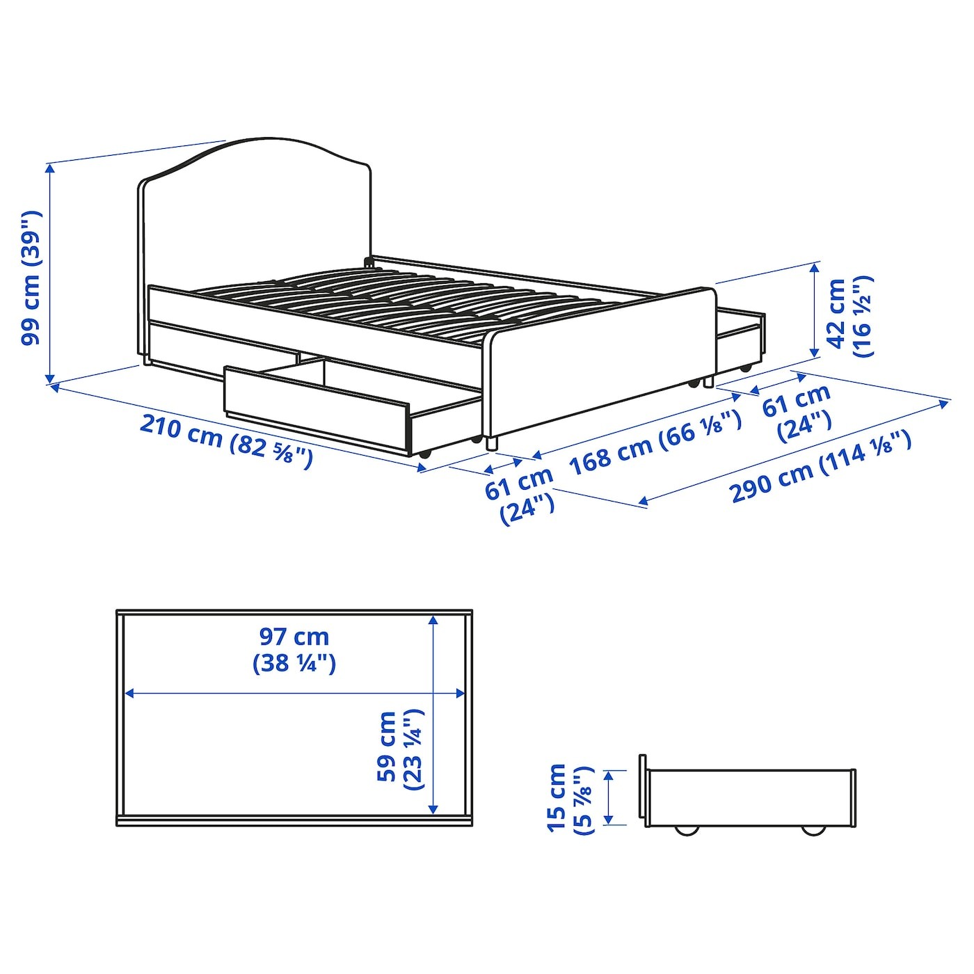 HAUGA Upholstered bed, 4 storage boxes