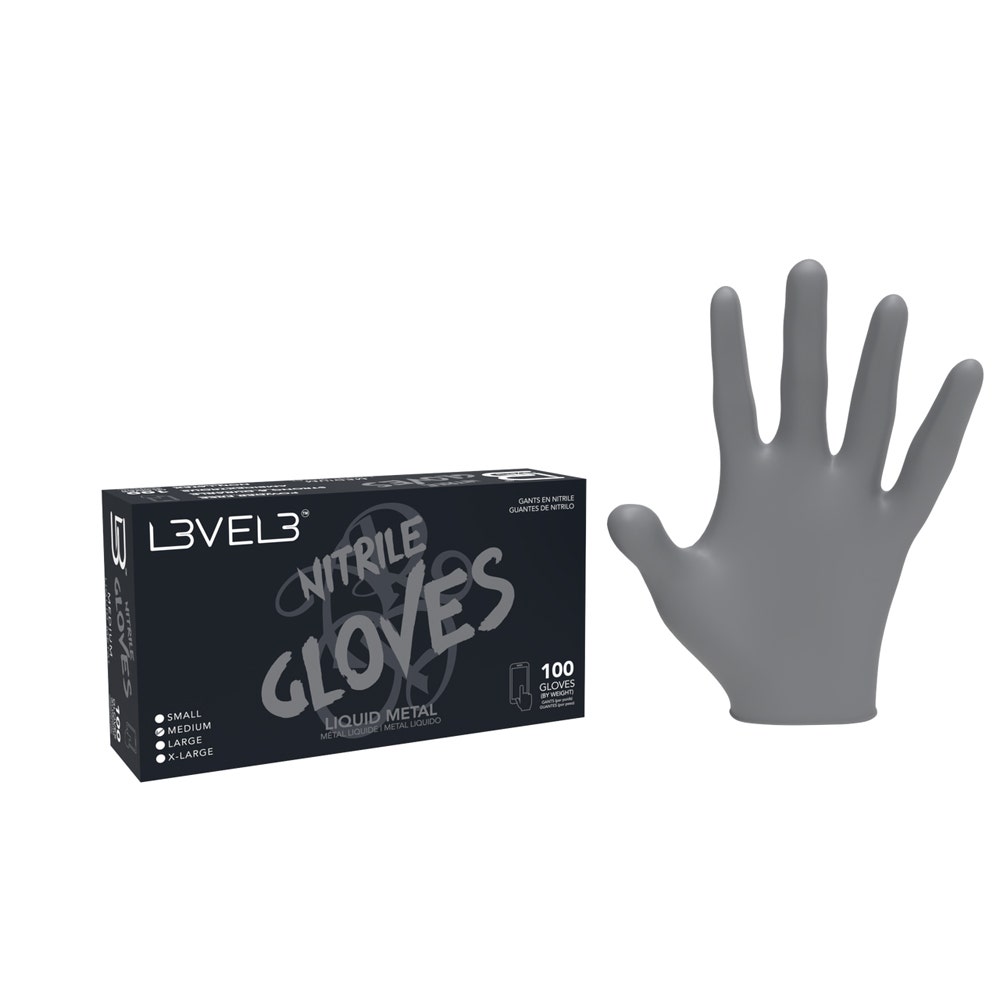 L3vel3 Gloves Nitrile Liquid| Silver | Medium 1x100