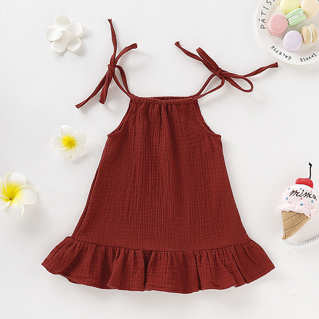 Baby Girls Summer Sleeveless Ruffles Dress Cotton Linen Fabric Kids Sheer Clothes