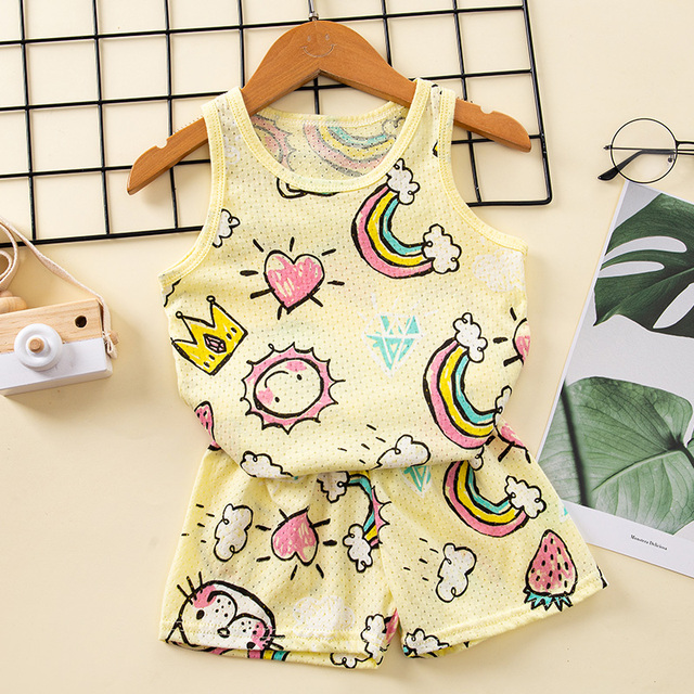 Baby Kids Pajamas Sets Cotton Boys Pajamas For Girls Sleeveless Hollow Dinosaur Tshirt Short Summer Pajama Suit Children Clothes