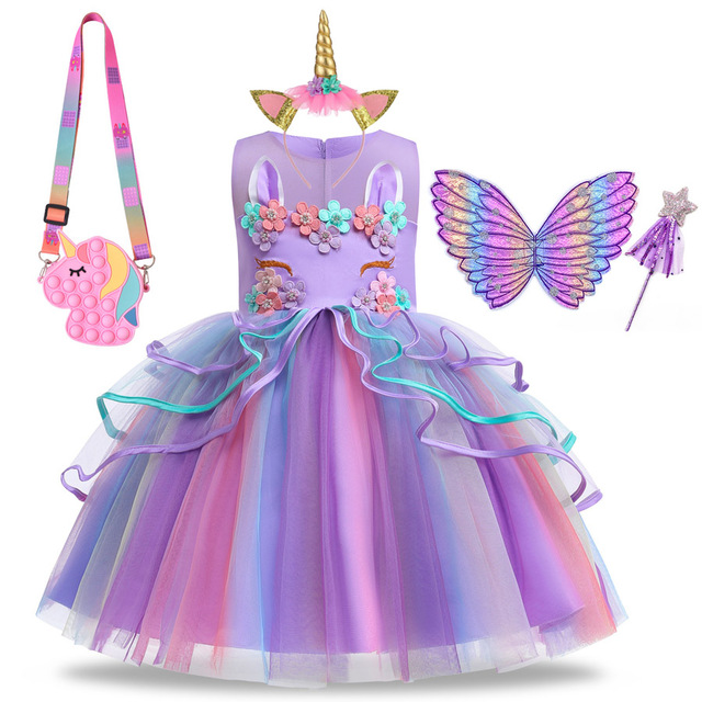 Summer Dress Girl Unicorn Cosplay Costume Children's Day Mesh Rainbow Tulle Princess Dress for Birthday Gift Kids Fashion Dress