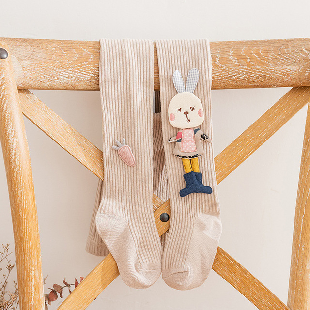 Cotton Tights for Girls Cute Cartoon Rabbit Children Pantyhose Soft Knitted Kids Tights Ribbed Striped Kids Stockings 3-12 Years